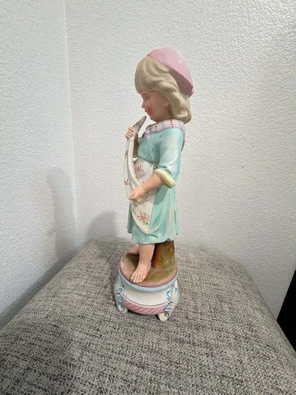 Antique German Bisque Porcelain Figurine Young Girl in Bonnet Holding Cloth